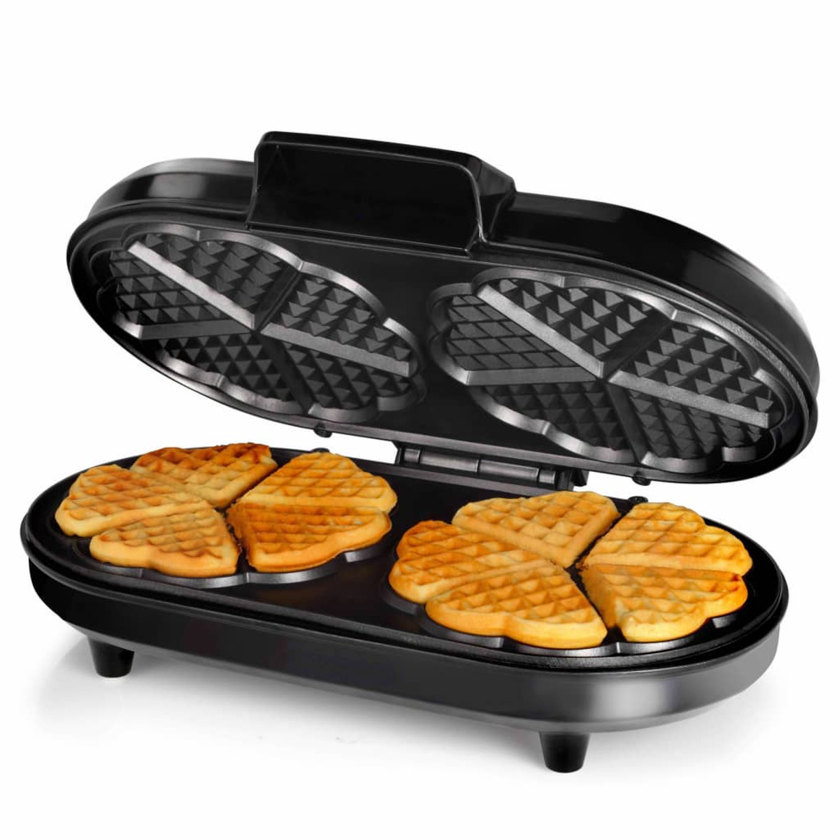 Schwarzer Waffeleisen mit herzförmigen Waffeln. Geöffnet, mit Waffeln im Inneren. Schwarze Außenseite.