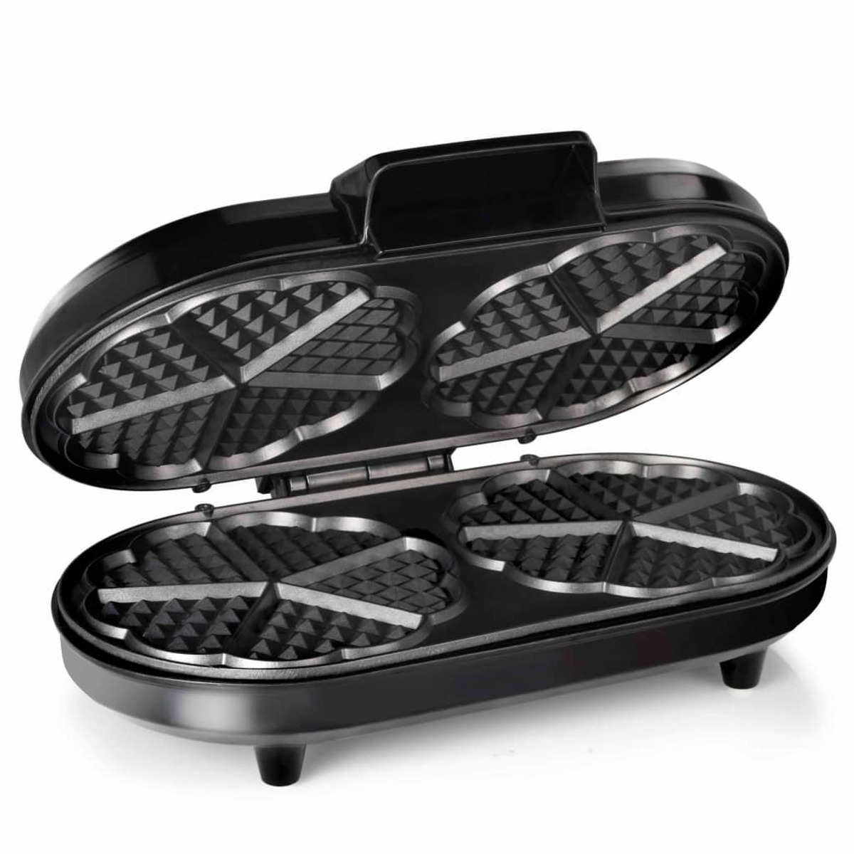 Schwarzer Waffeleisen, offen, mit vier Waffelformen.