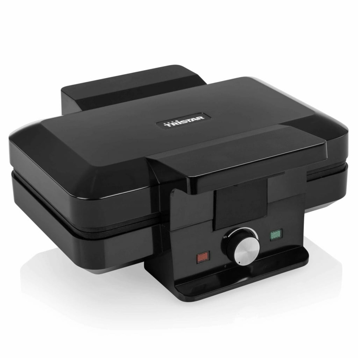 Czarny gofrownica z pokrętłem i kontrolkami. Góra jest zamknięta.