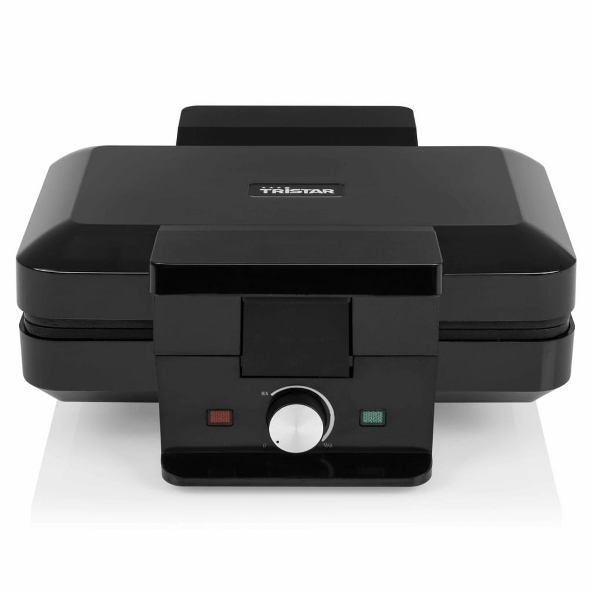 Czarny gofrownica z panelem sterowania z pokrętłem i lampkami kontrolnymi.