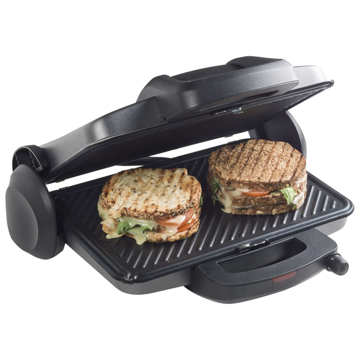 Griglia elettrica aperta con due panini. I panini sono grigliati con pomodoro e lattuga.