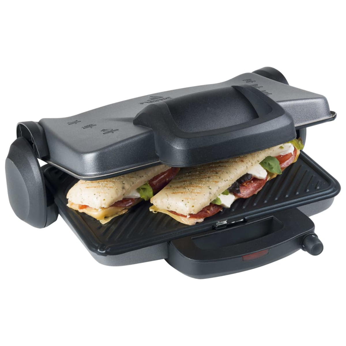 Una piastra per panini con due panini all'interno. La piastra è chiusa. I panini hanno ripieno.
