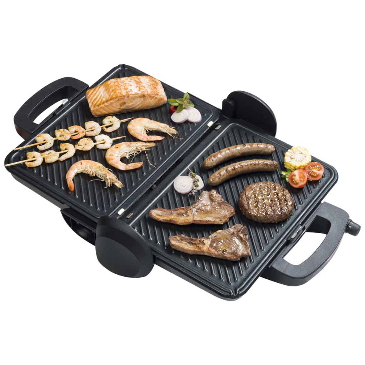 Una griglia elettrica nera aperta con vari cibi cotti. Include frutti di mare, carni e verdure.