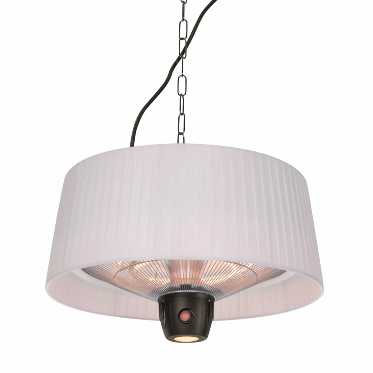 Een witte, geplooide lampenkap-stijl buitenkachel die aan een ketting hangt, met een zwarte basis en rode knop.