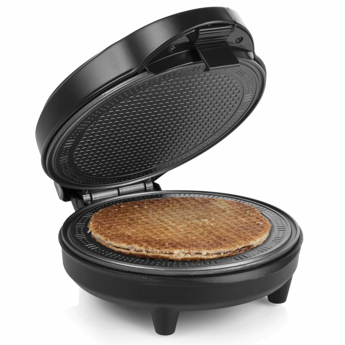 Czarny gofrownica, otwarta, z upieczonym gofrem w środku.