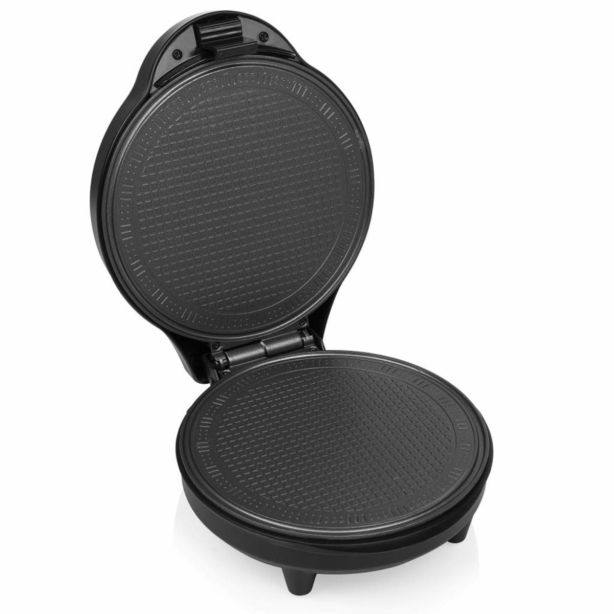 Otwarta gofrownica z nieprzywierającą powierzchnią. Jest czarna i okrągła, z otwartą górną połową.
