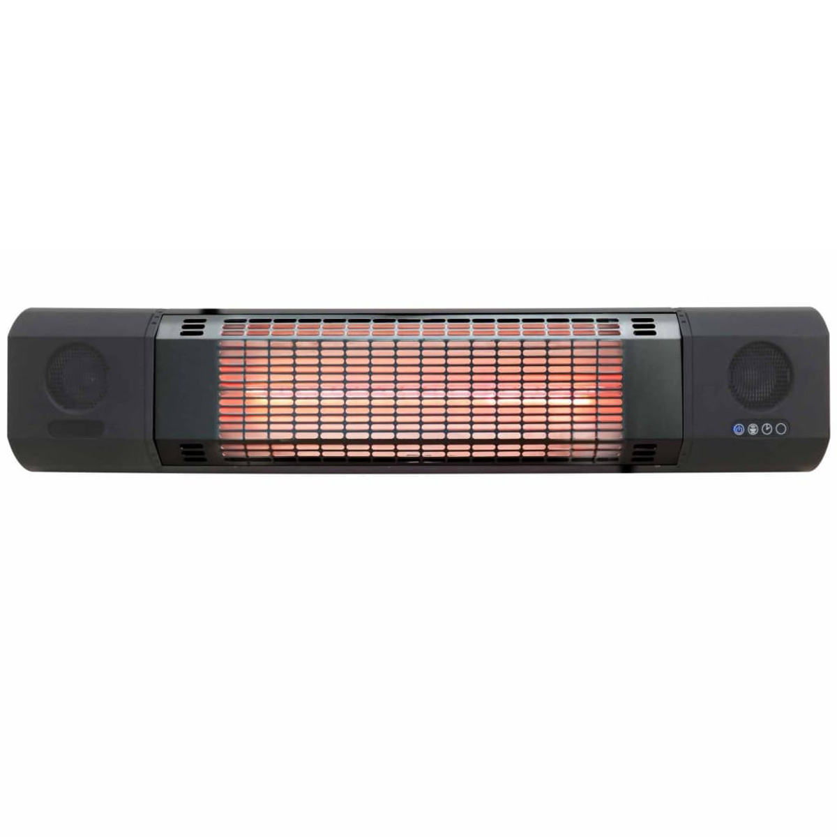 A black infrared heater with a red-glowing heating element, flanked by speakers. It's a top-down view.