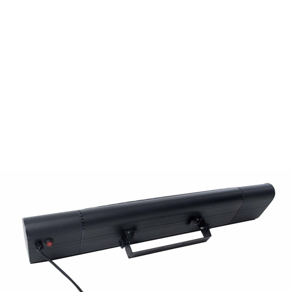 Black wall-mounted heater with a handle and a red power button. White background.
