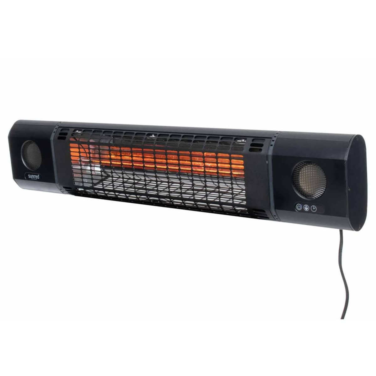 A black infrared outdoor heater with a protective grill and controls.