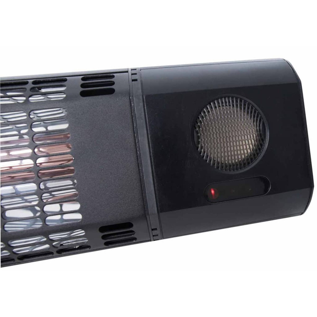 A black heater with a mesh front and a red light. The side has a circular vent.