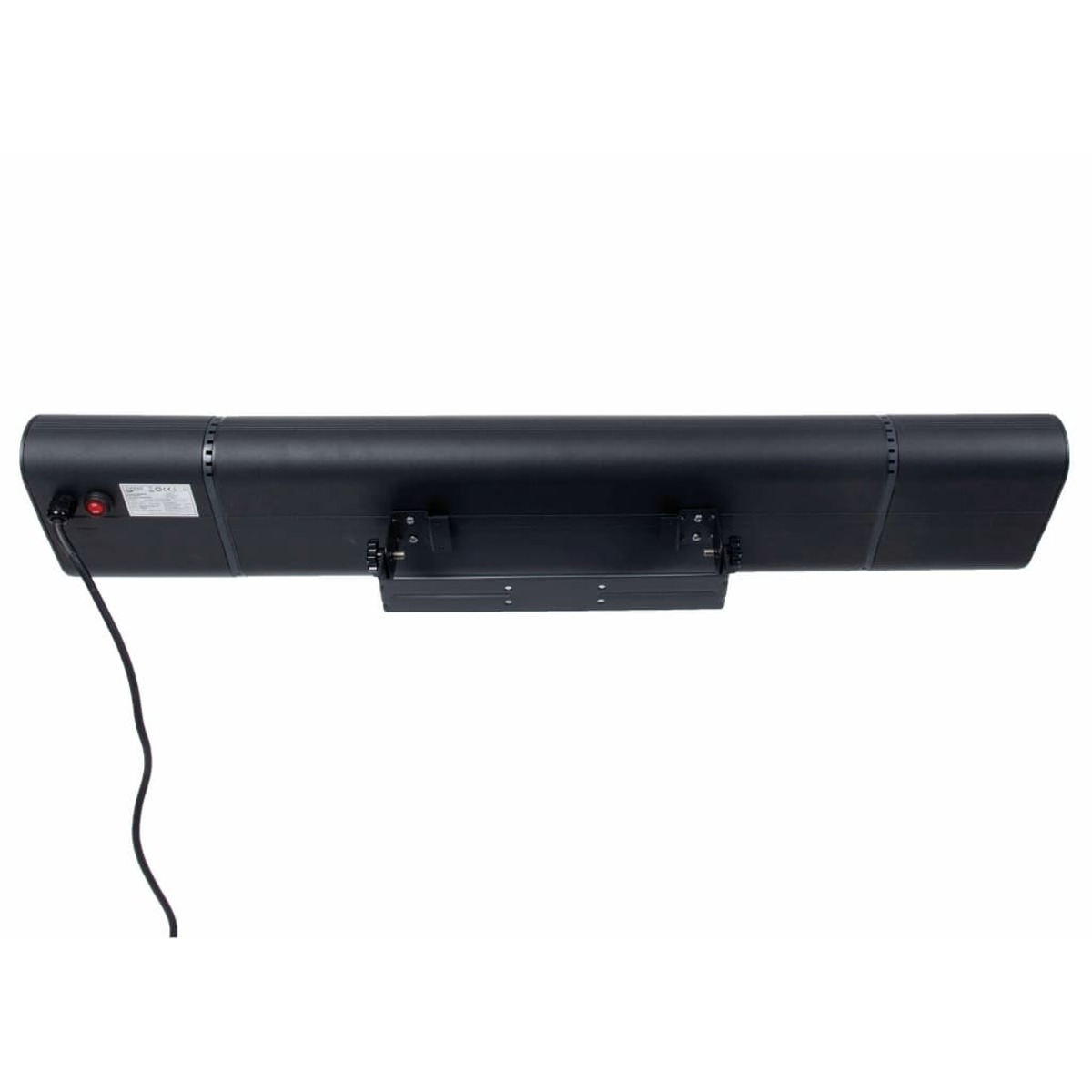 Black, rectangular, wall-mounted heater with a power cord and mounting bracket.