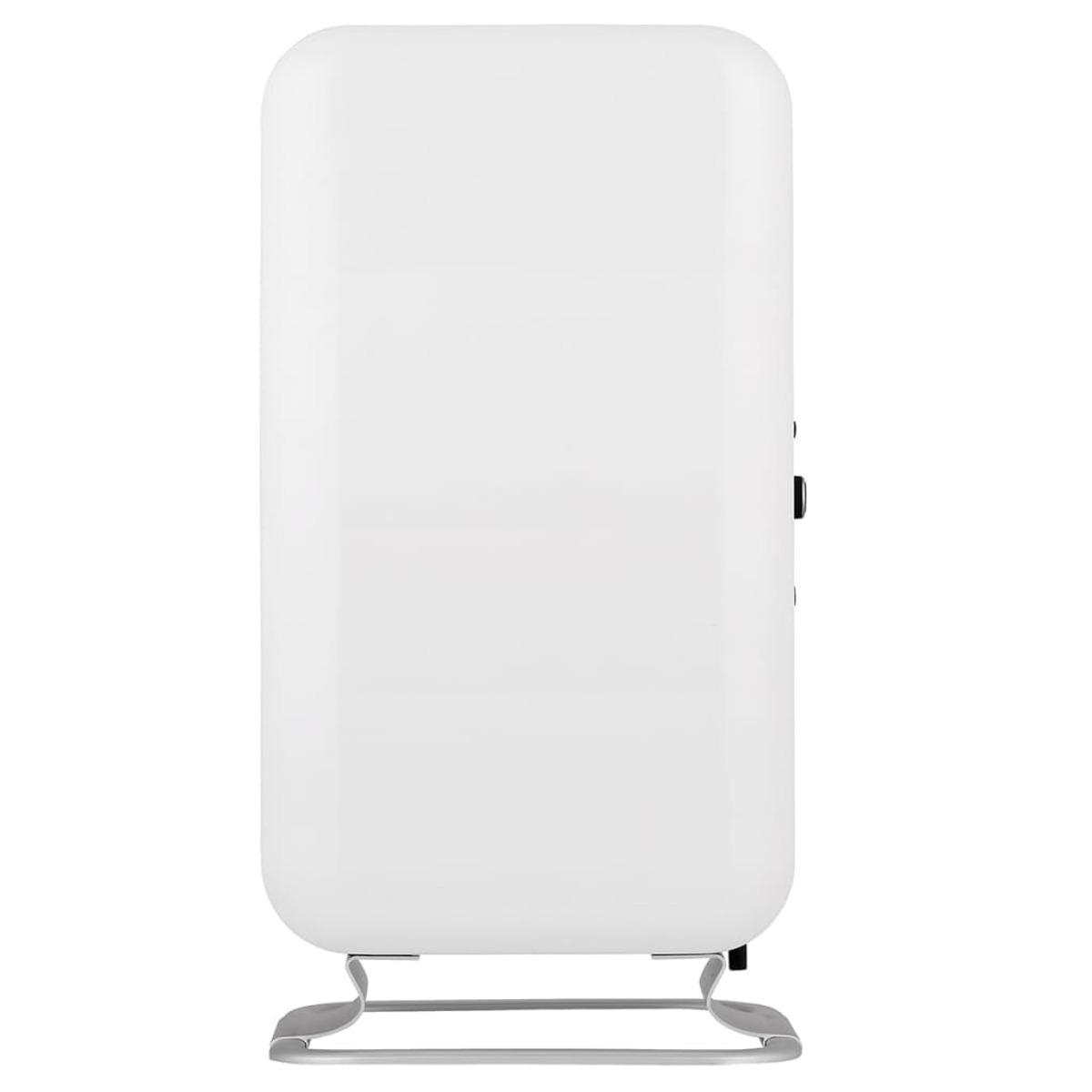 Biały, prostokątny oczyszczacz powietrza na chromowanym stojaku, na białym tle.