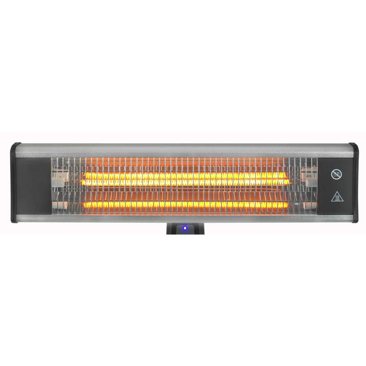 Termoventilatore elettrico argentato con elementi riscaldanti arancioni. Accenti neri, luce blu.