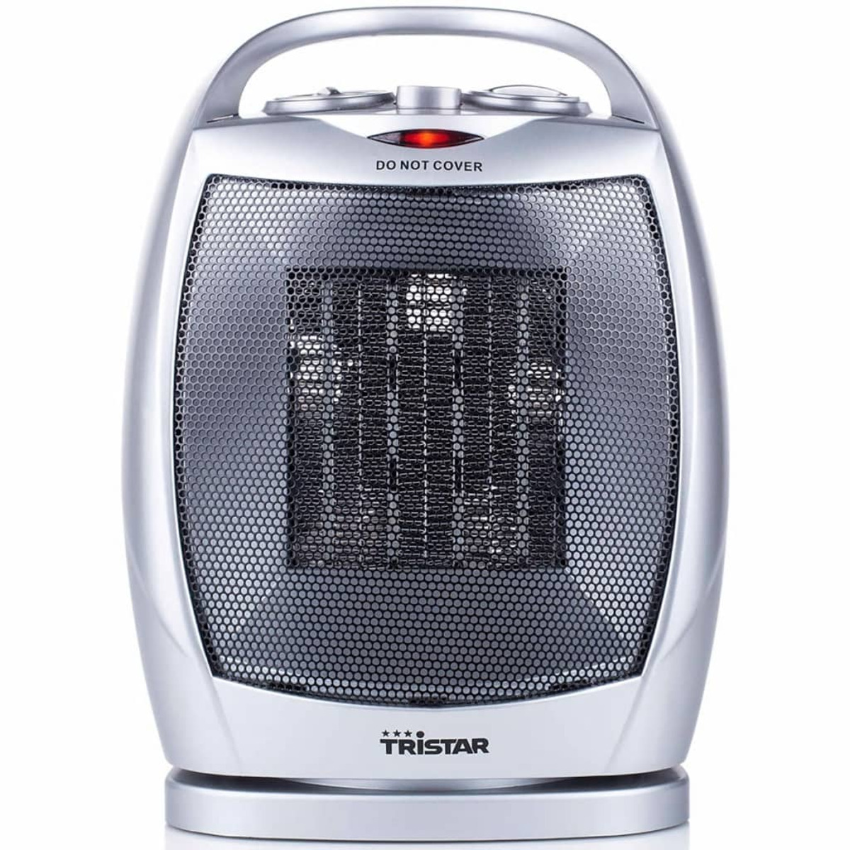 Chauffage électrique argenté avec poignée. Façade en maille noire. Lumière rouge en haut.