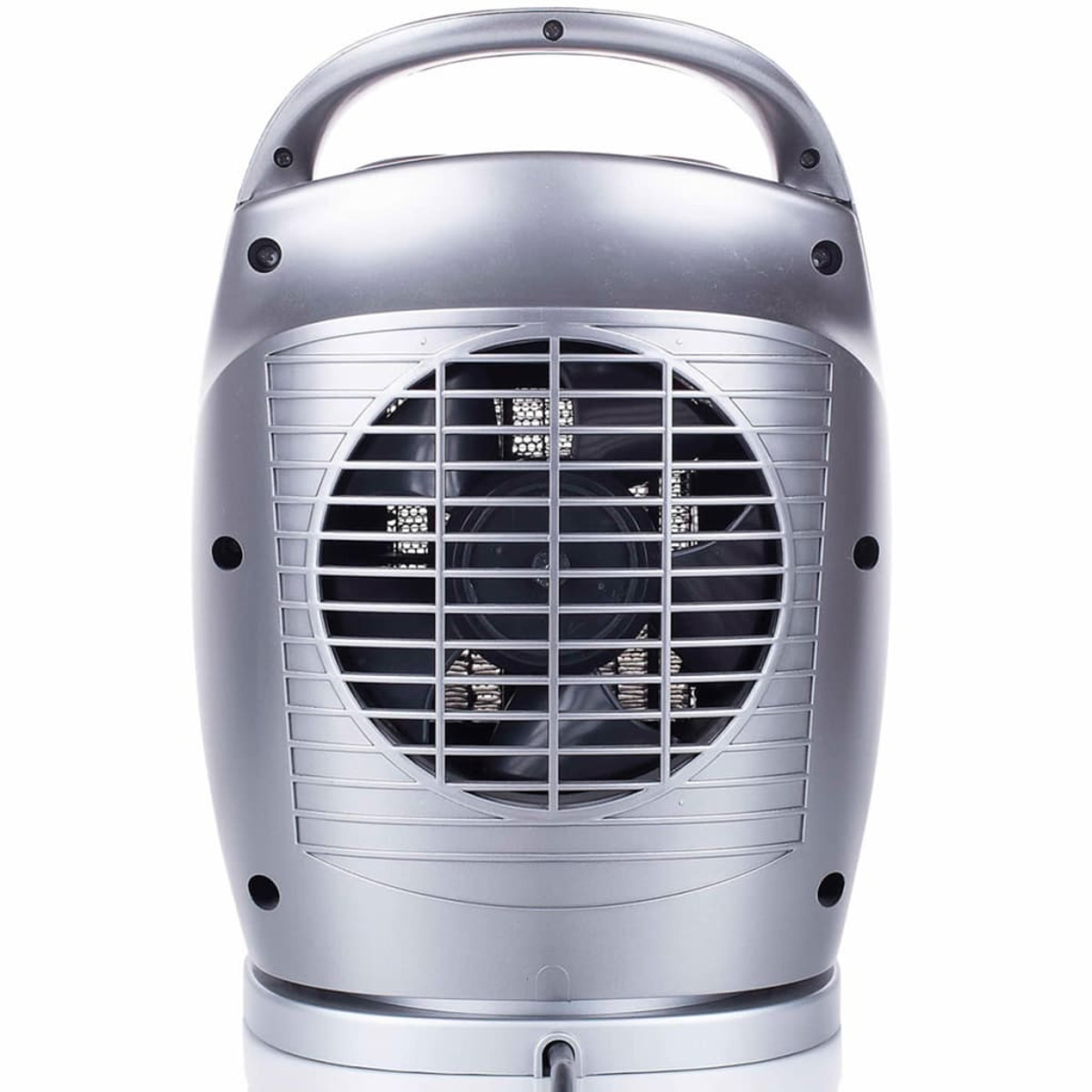 Un radiateur argenté avec un ventilateur. L'arrière du radiateur est visible. Il a une poignée.