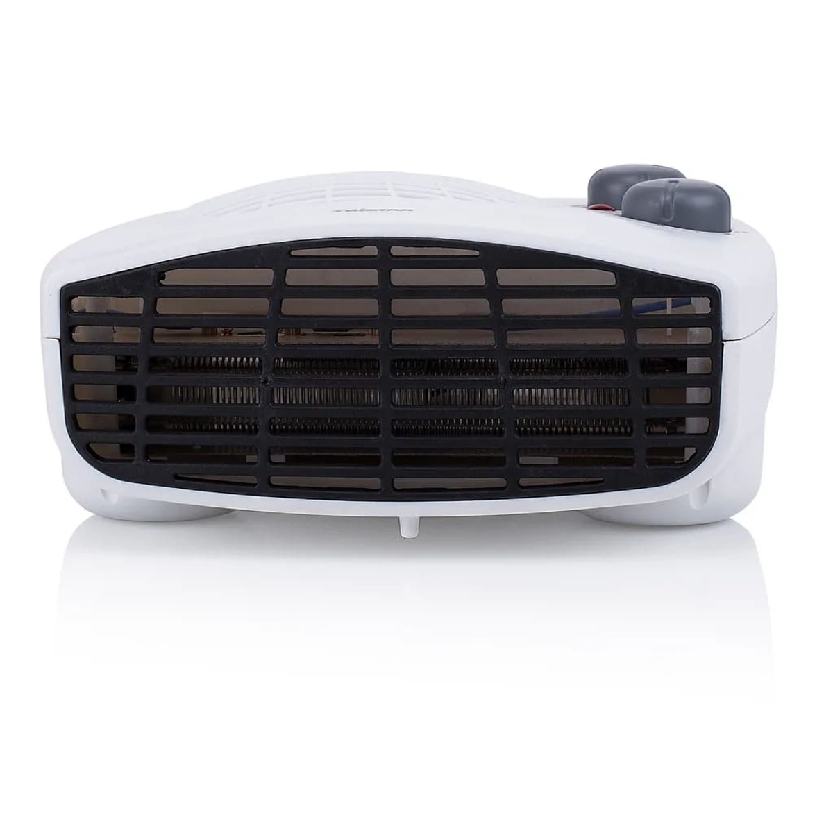 Biały grzejnik elektryczny z czarną kratką i dwoma szarymi pokrętłami sterowania.