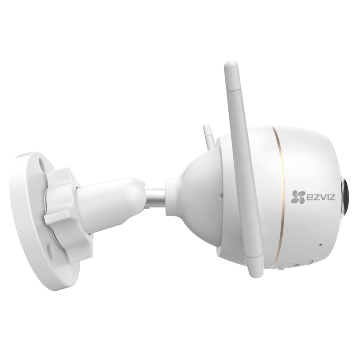 Telecamera di sicurezza EZVIZ bianca con antenne. La telecamera è su sfondo bianco.