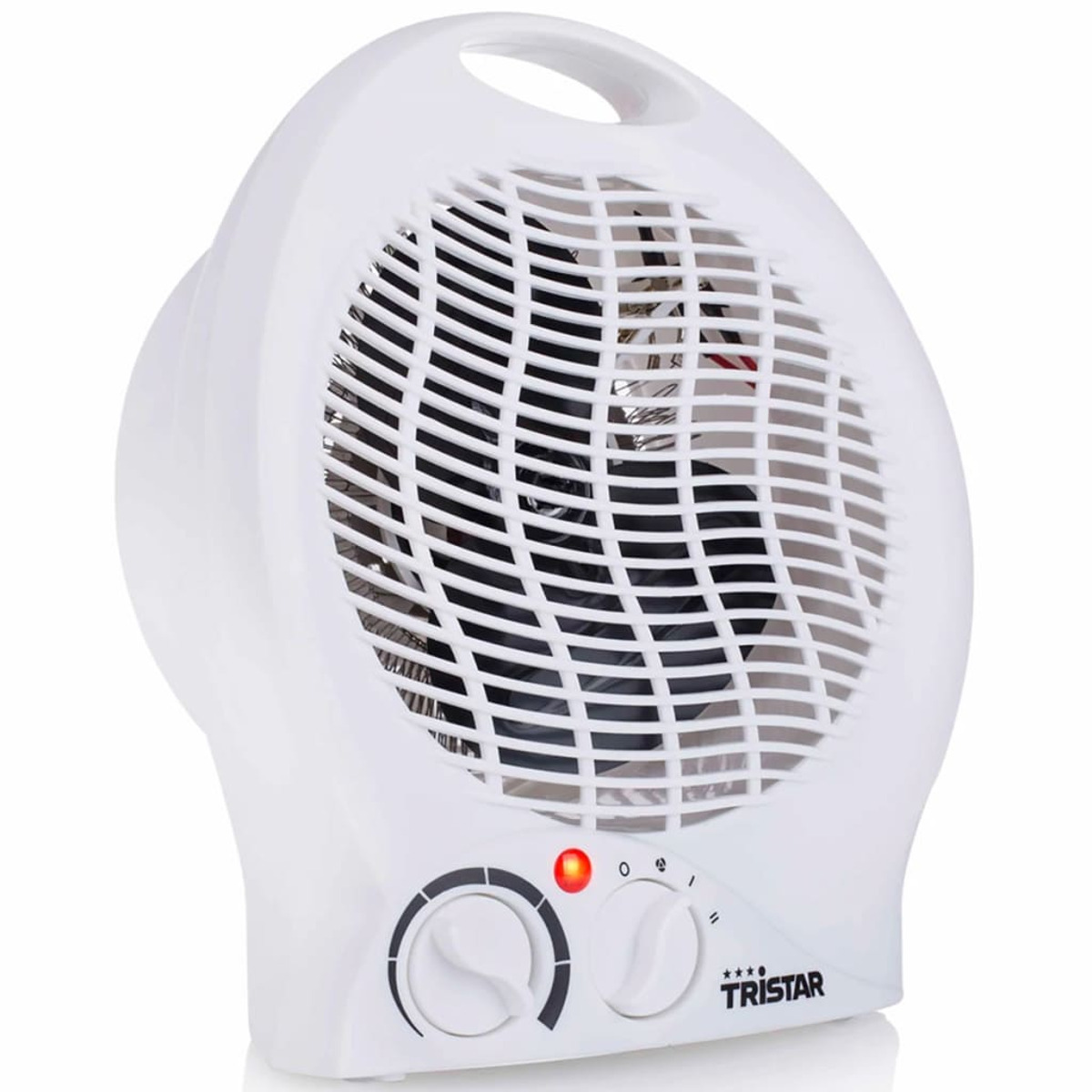 Termoventilatore bianco. Ha due manopole e una luce rossa. La ventola è visibile frontalmente.