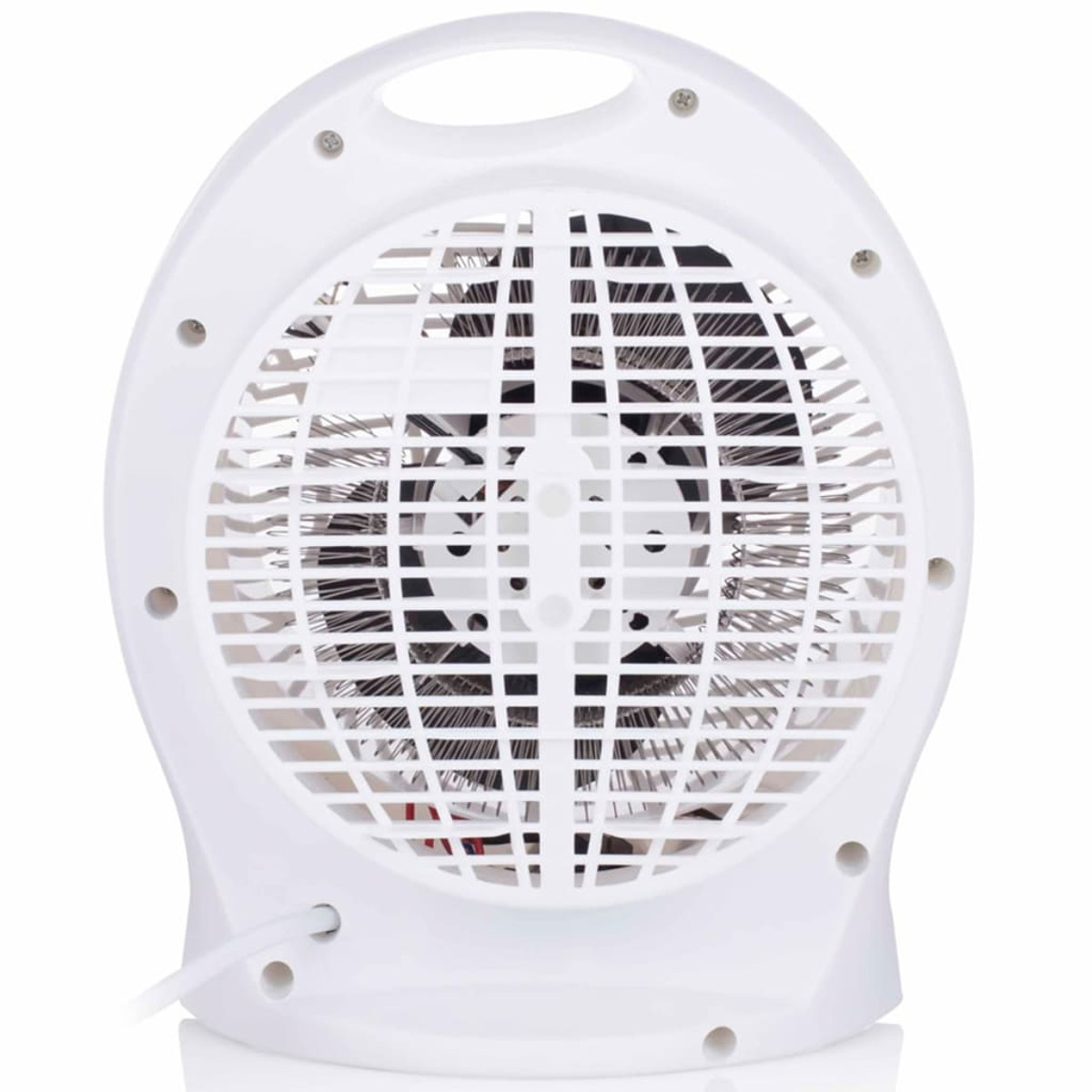 Termoventilatore bianco con design arrotondato e griglia. Ha una maniglia e un cavo di alimentazione.