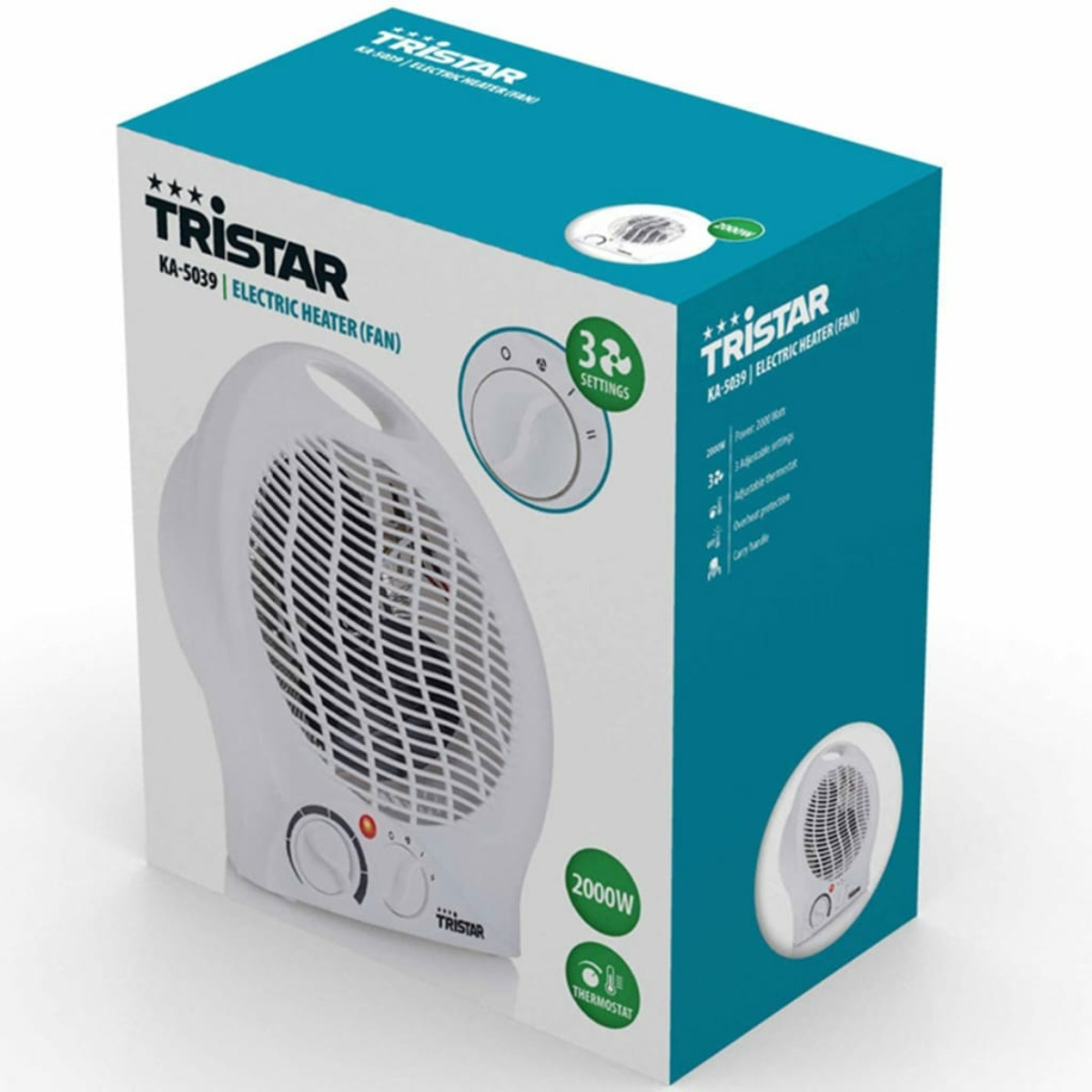 Termoventilatore elettrico bianco in una scatola blu. La scatola ha dettagli e immagini del prodotto.