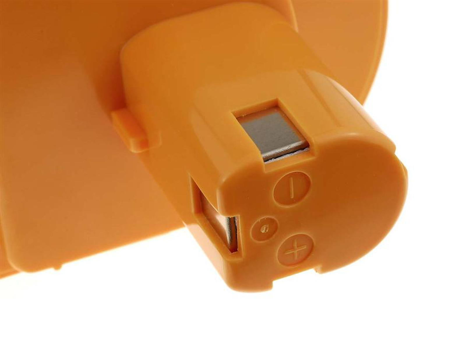 Orangener Akku mit silbernen Kontaktpunkten und einem orangenen Gehäuse.