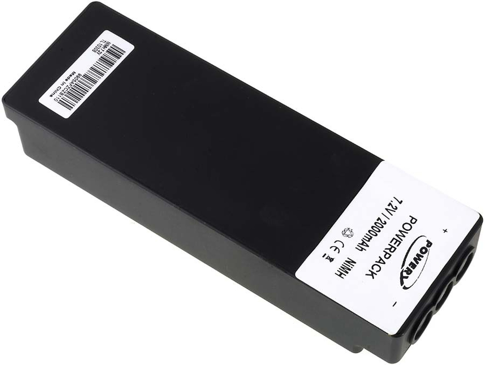 Batería rectangular negra con etiqueta blanca. Texto: 7,2 V/2000 mAh POWERPACK NiMH.