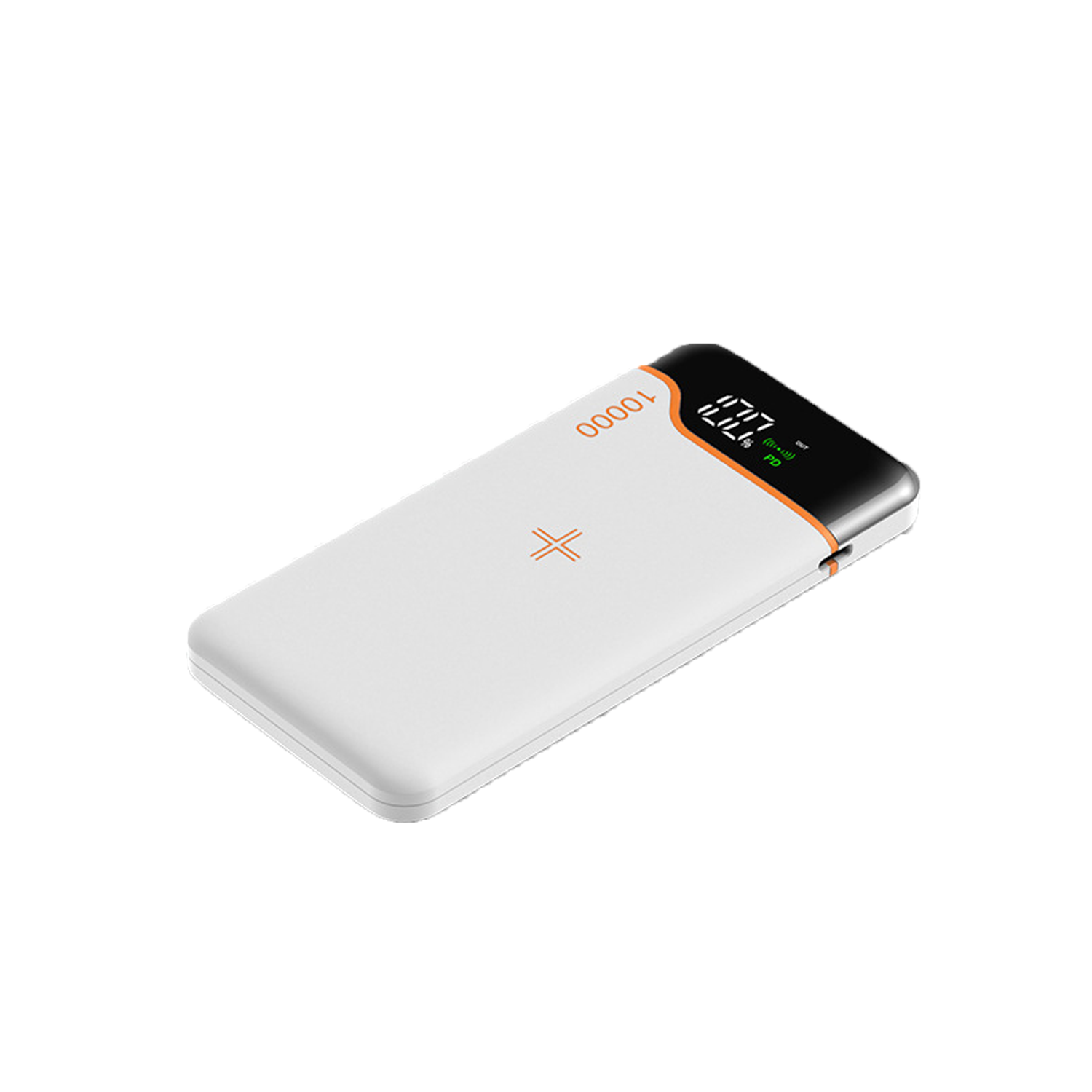 Weiß-schwarze Powerbank. Digitales Display, Ladeanschluss und weißer Hintergrund.