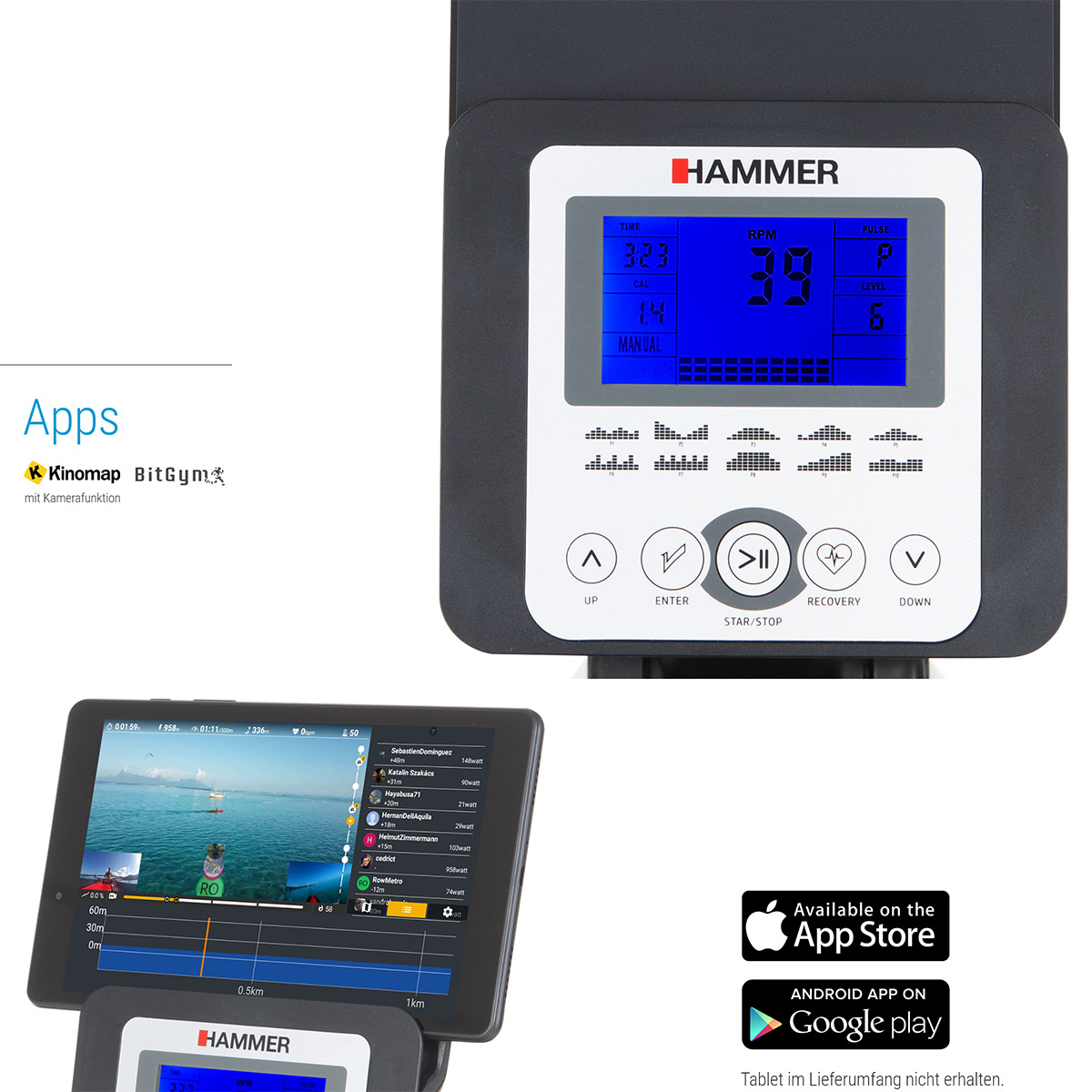 Ergometer-Display mit Statistiken. Tablet und Apps sind ebenfalls sichtbar. Weißer Hintergrund.