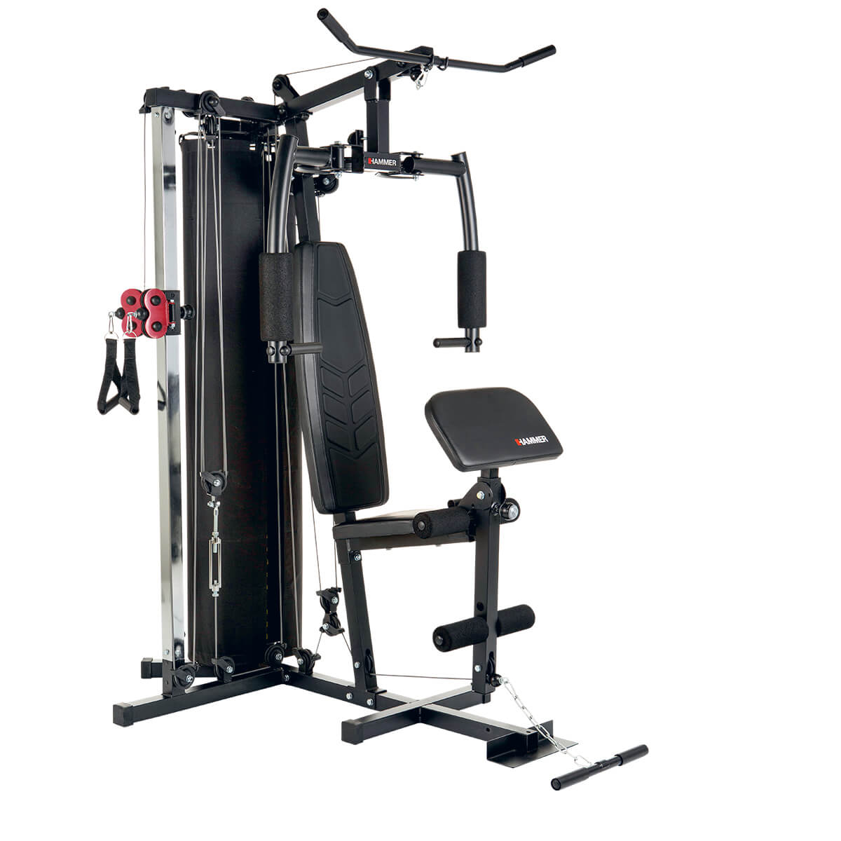 Eine schwarze Multi-Gym-Maschine mit verschiedenen Trainingsstationen.