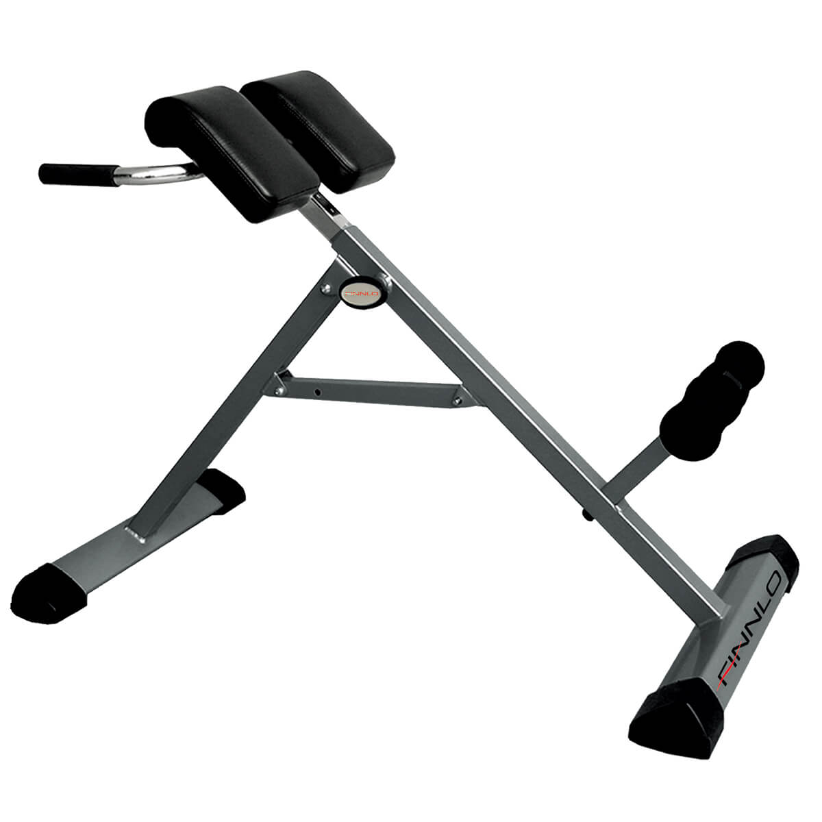 Fitnessgerät für Rückenübungen, schwarze Polster und Griffe, grauer Rahmen mit Finnlo-Logo.