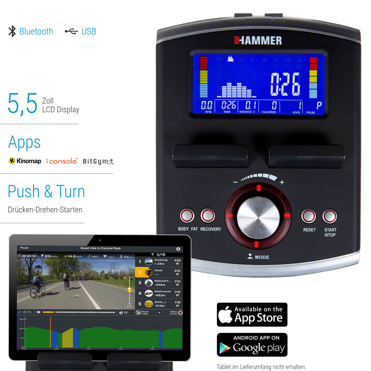 Ergometer-Konsole mit Display. Tablet zeigt Radfahrsimulation. Apps und Statistiken werden angezeigt.