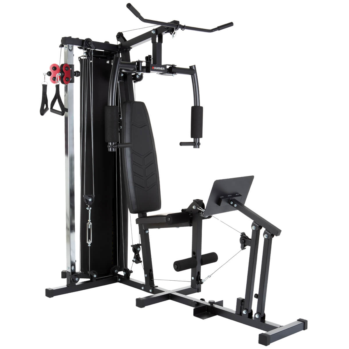 Ein schwarzes Hammer Multi-Gym mit verschiedenen Trainingsstationen.