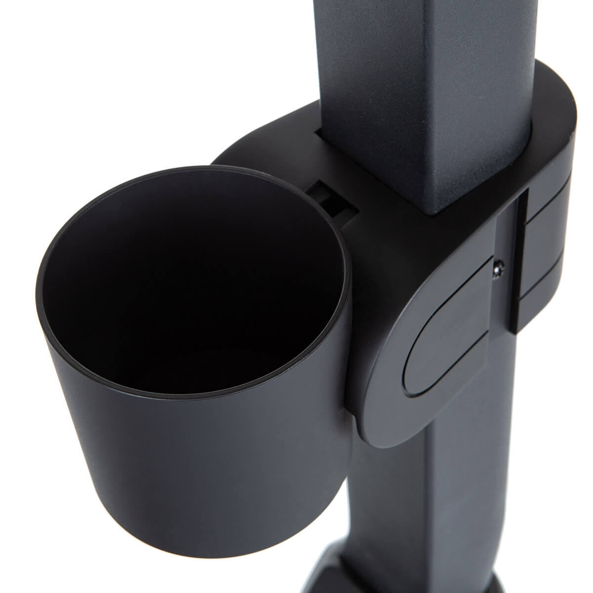 Schwarze Schirmfußkomponente mit Becherhalter. Runder Becherhalter.
