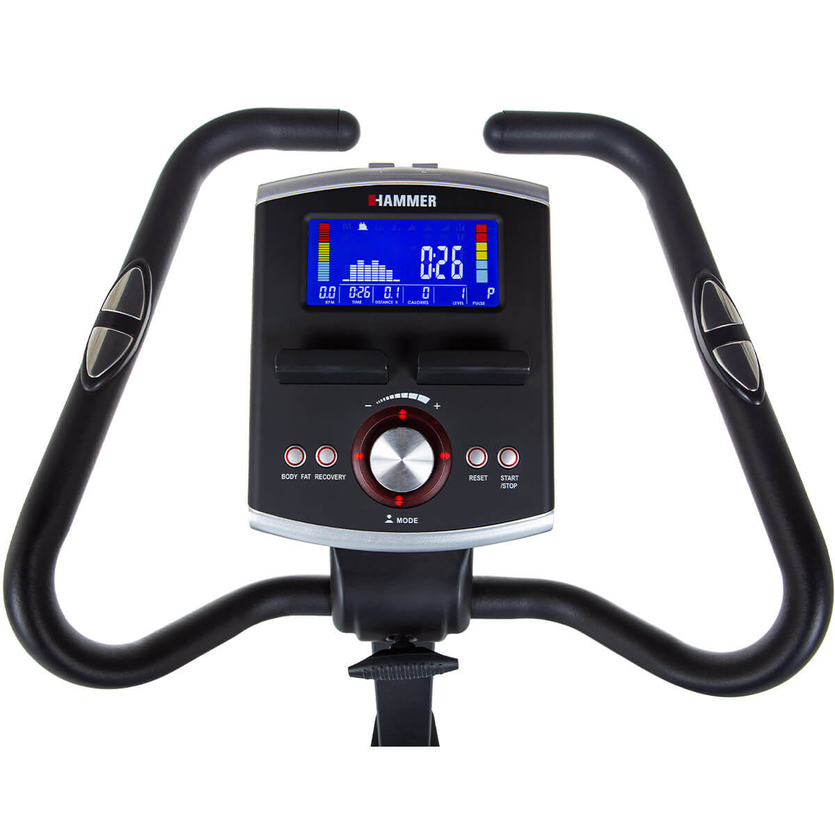 Ergometer-Konsole mit Statistiken, Lenker und zentralem Bedienfeld.