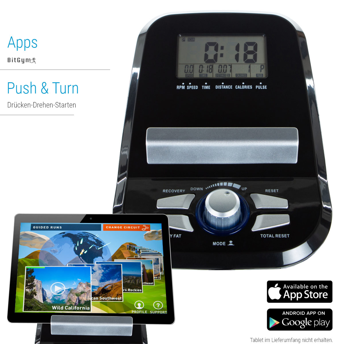 Anzeige der Fitnessmaschine mit Trainingsdaten, Tablet mit Trainings-App.