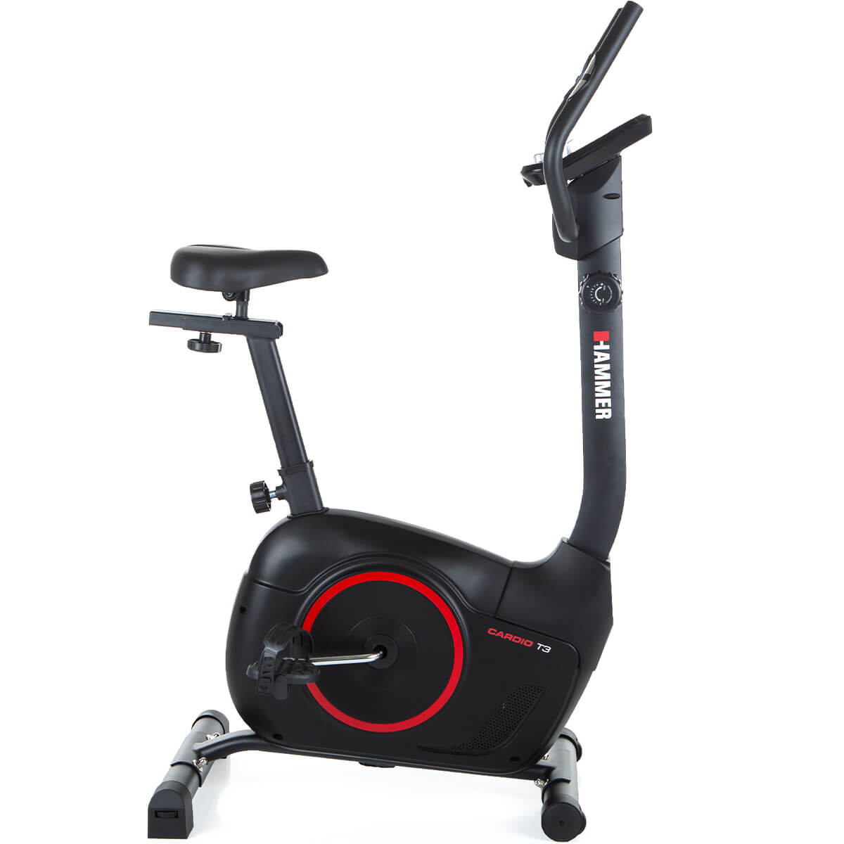 Schwarzes stationäres Trainingsfahrrad mit roten Akzenten und Digitalanzeige.