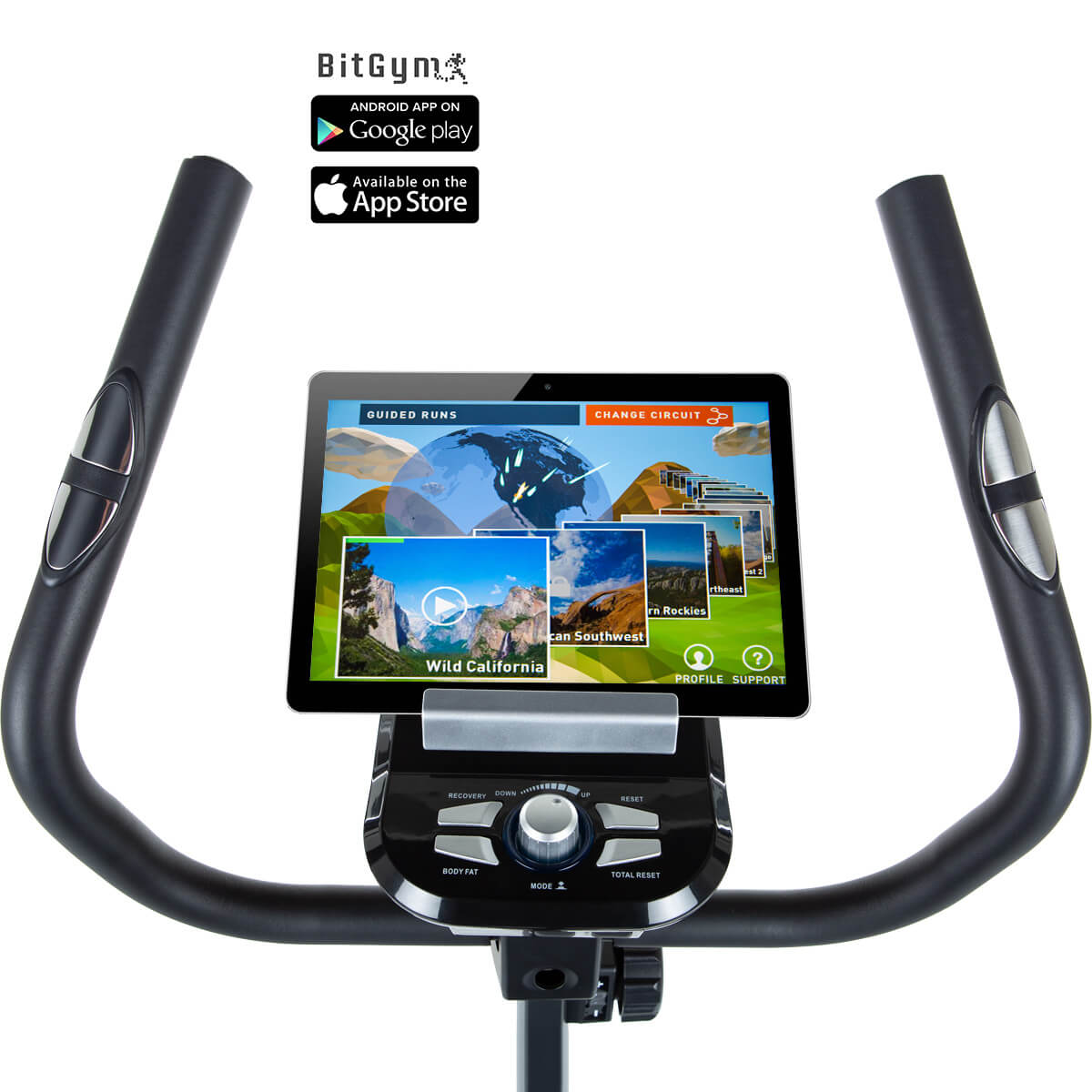 Heimtrainer mit Tablet, das eine Landschaft zeigt, und Icons für App-Downloads.