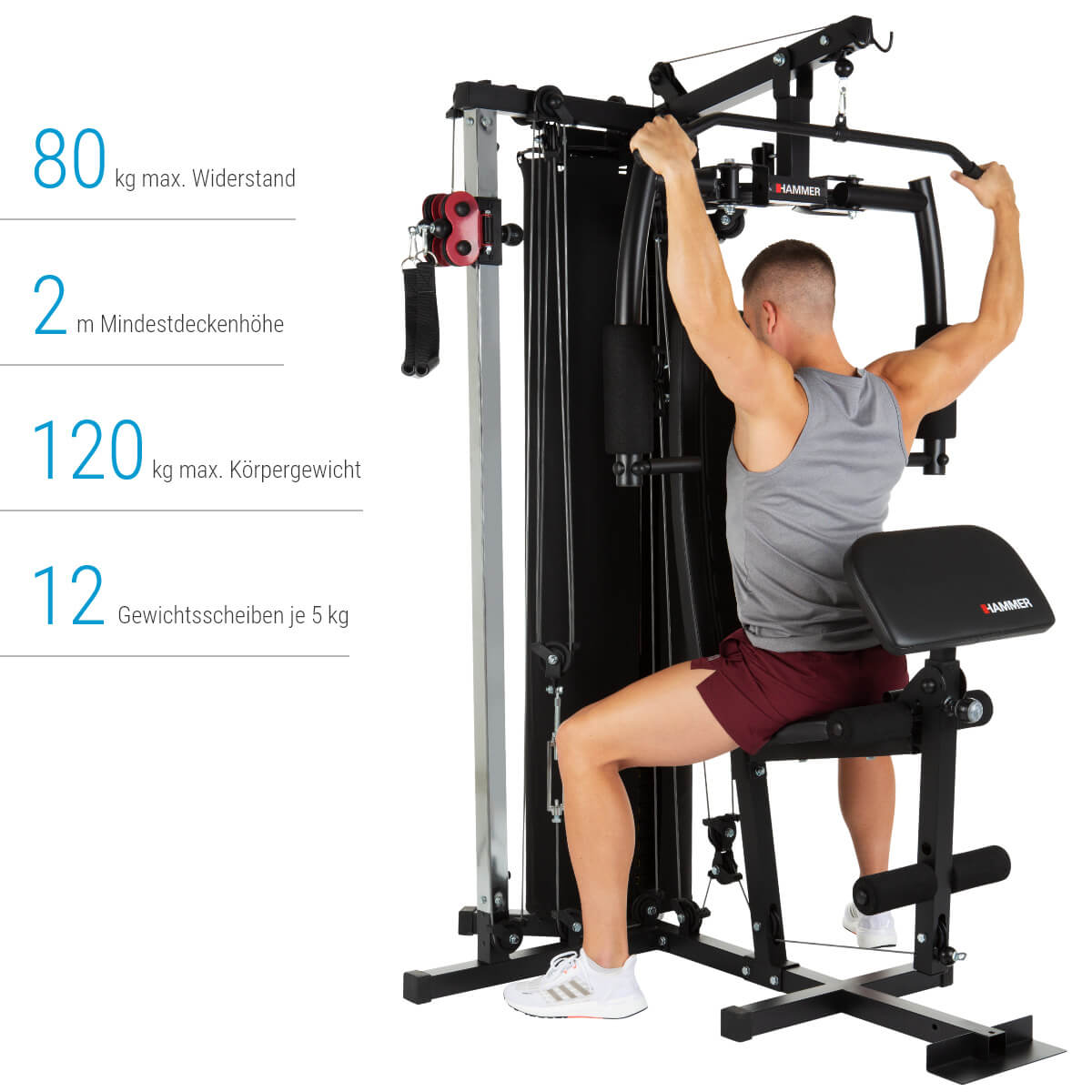 Ein Mann trainiert in einem schwarzen und grauen Fitnessstudio. Text zeigt max. Gewicht und Höhe.