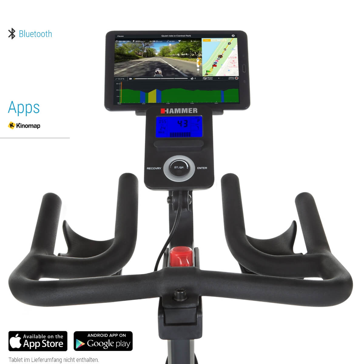 Heimtrainer-Konsole mit einem Tablet, das eine Karte anzeigt und Apps- und Bluetooth-Logos zeigt.