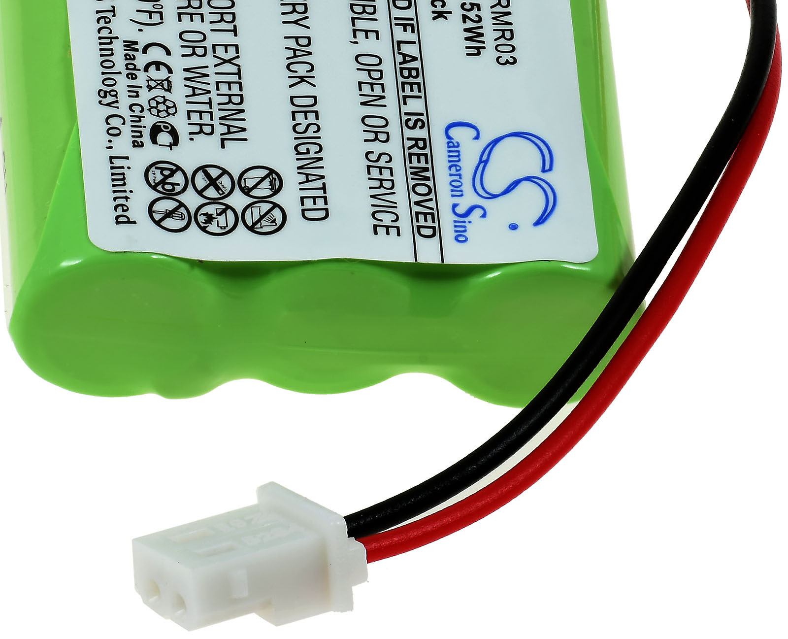 Batería verde con cables negro y rojo y un conector blanco.