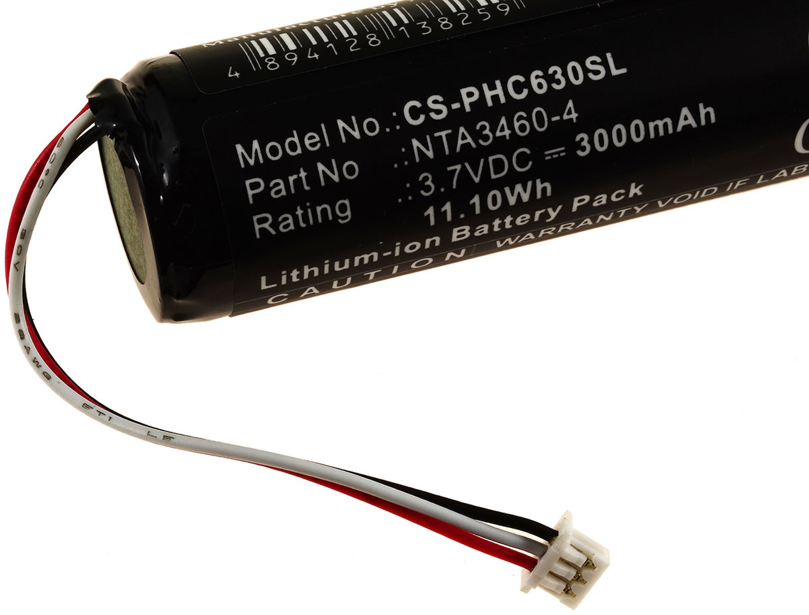 Schwarze Batterie mit weißen und roten Drähten.