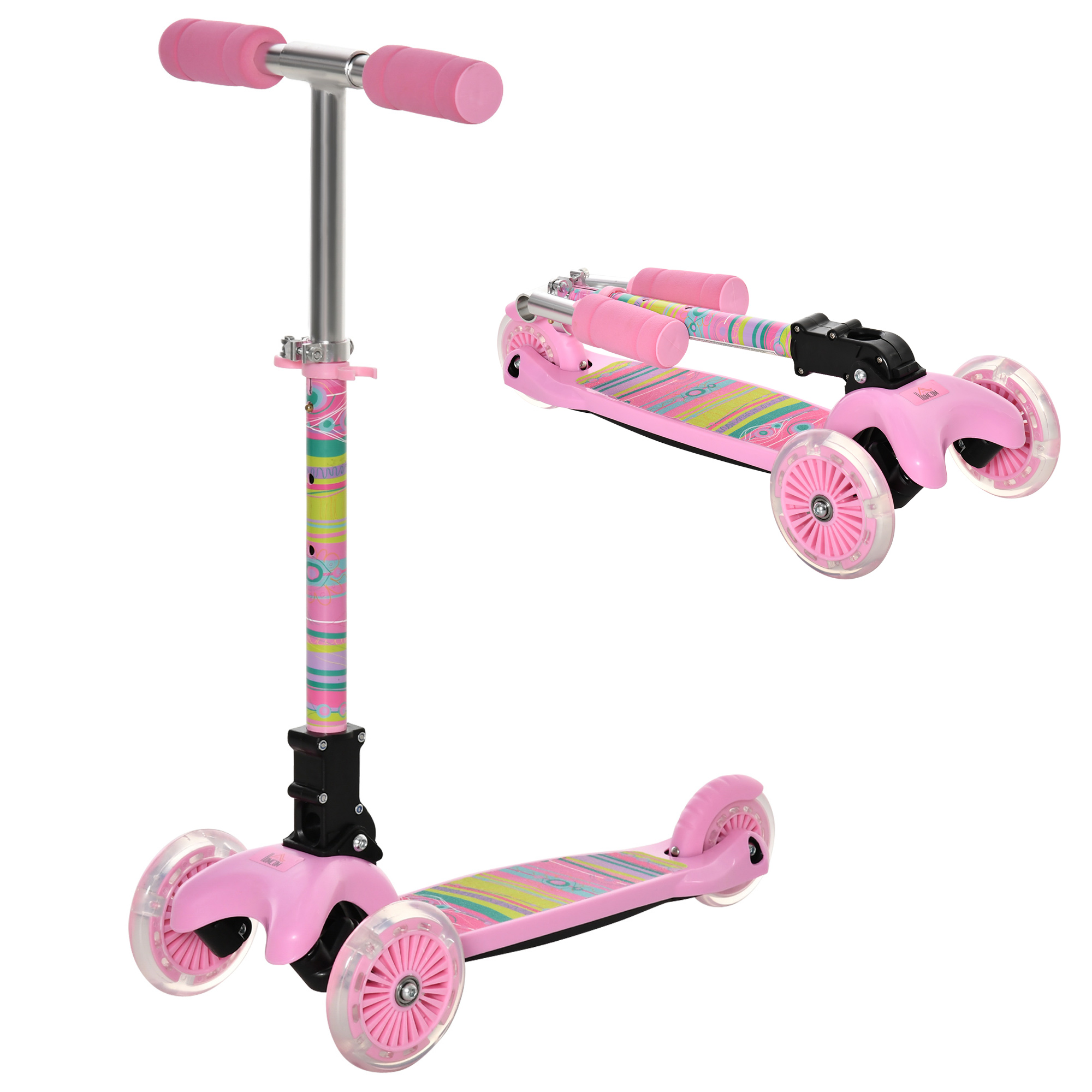 Patinete Para Niño homcom +3 años plegable 3 ruedas led manillar ajustable carga 50kg de con luces altura y freno posterior 54.7x32.5x69 cm rosa 50 547x325x5969 371034pk