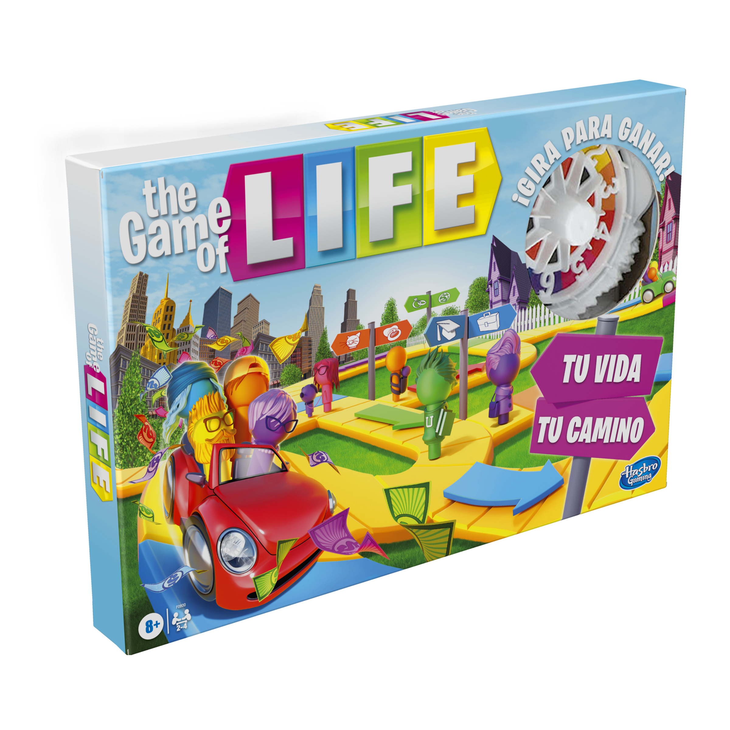 La caja del juego de mesa The Game of Life. Muestra un coche rojo, piezas de juego coloridas y el tablero.