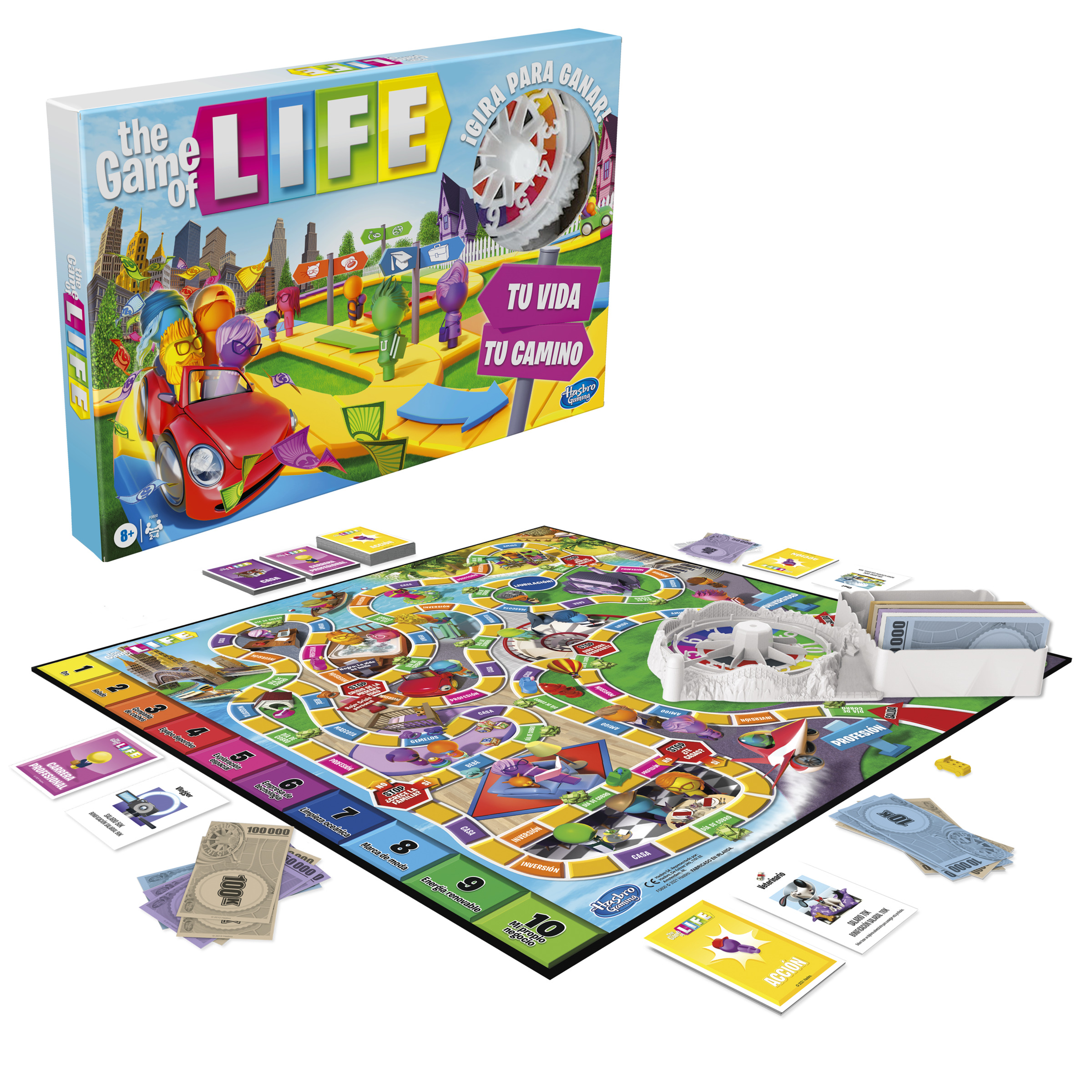 El juego de mesa Game of Life con cartas, dinero y una ruleta.