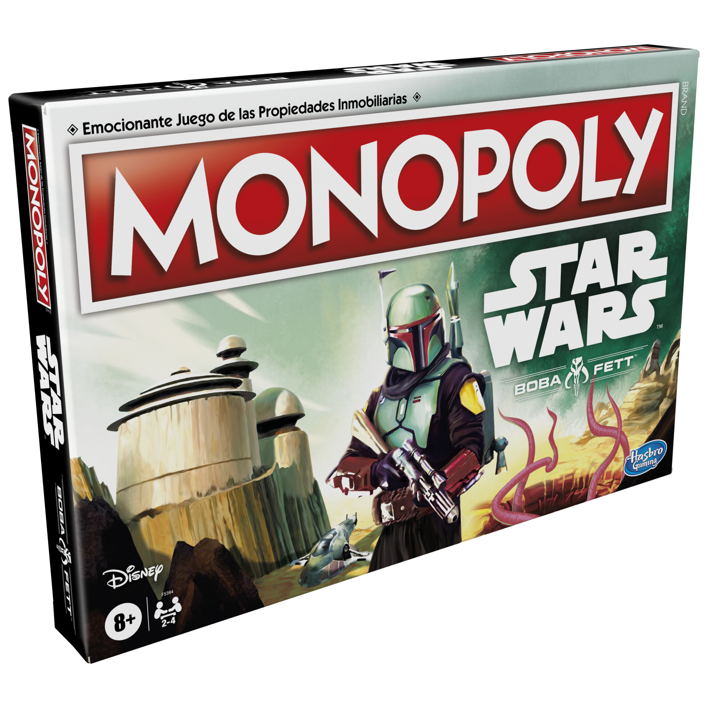Una caja de Monopoly Star Wars con Boba Fett en la portada, con una escena desértica.