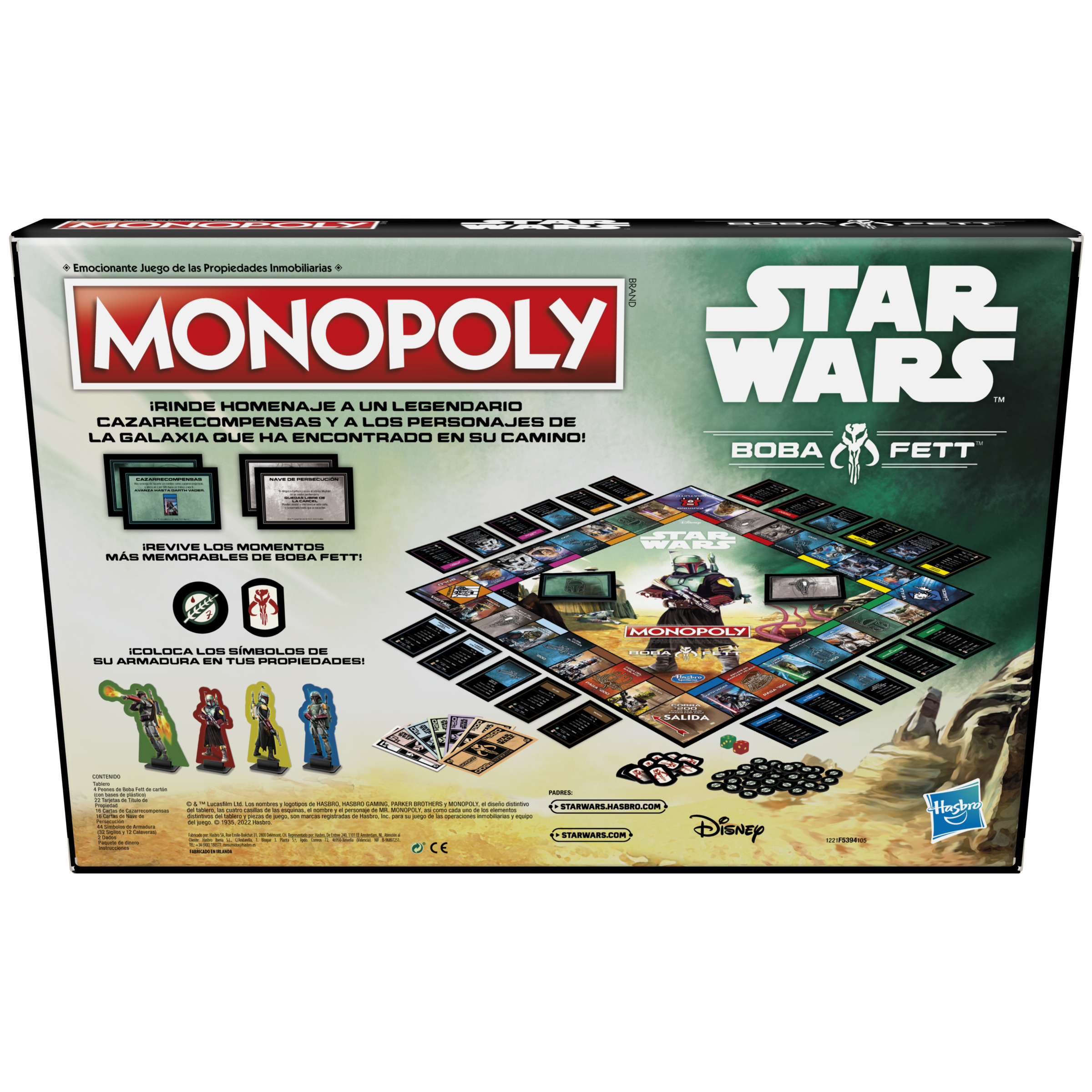 Caja del juego Monopoly Star Wars: edición Boba Fett. La caja muestra el tablero y las piezas de los personajes.