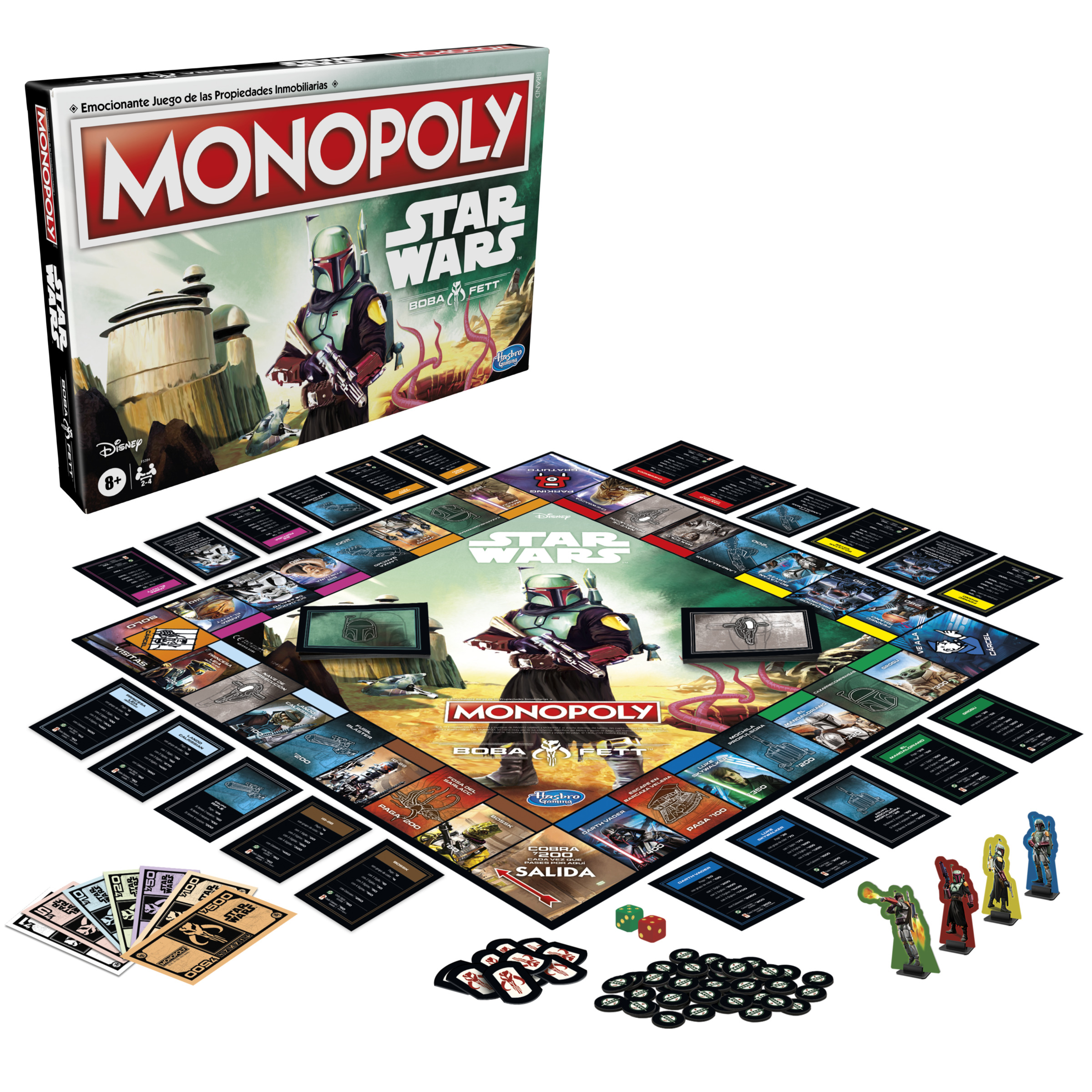 Caja del juego de mesa Monopoly Star Wars y tablero con figuras y cartas.