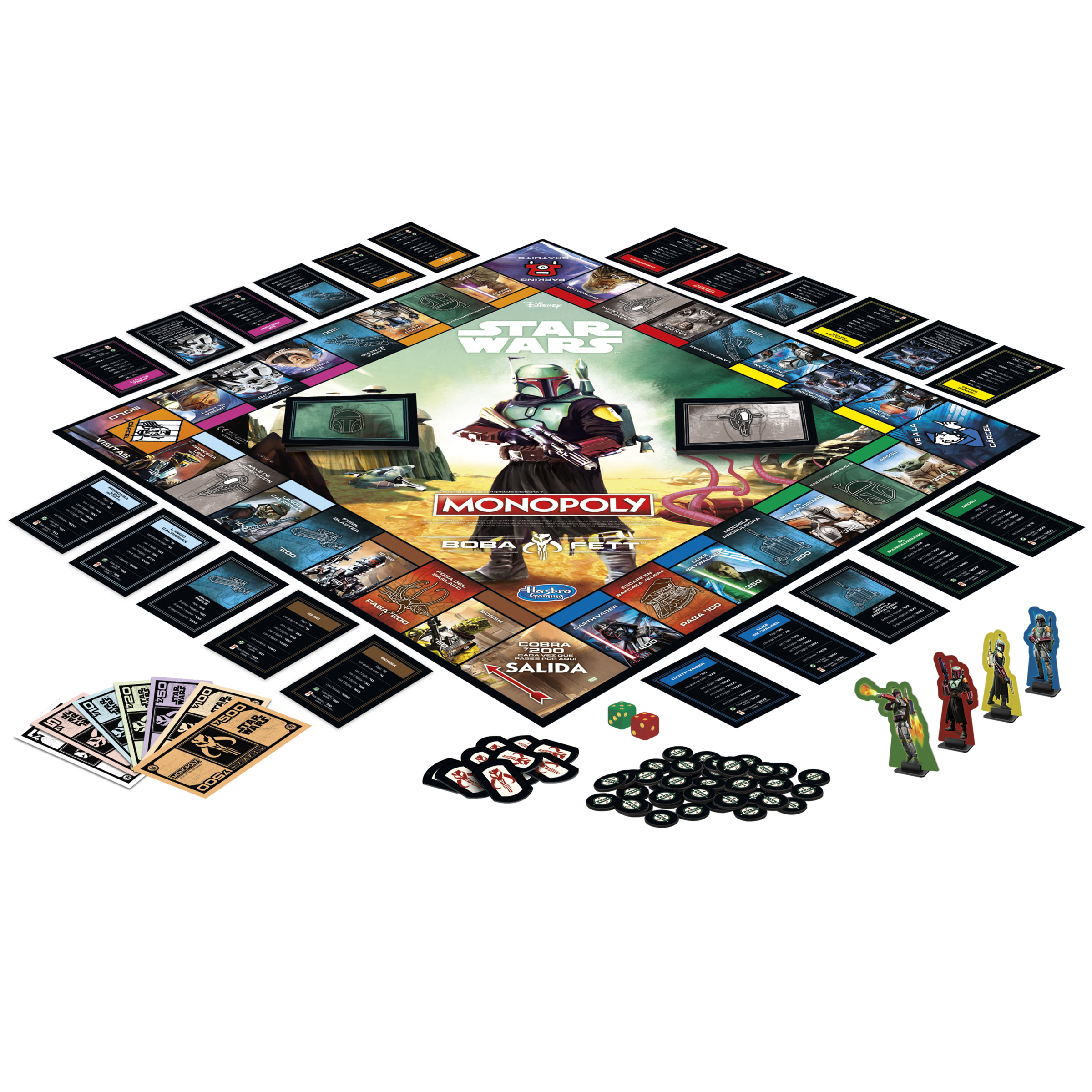 Juego de Monopoly de Star Wars. El tablero y las cartas son visibles. Un personaje de Star Wars en el tablero.