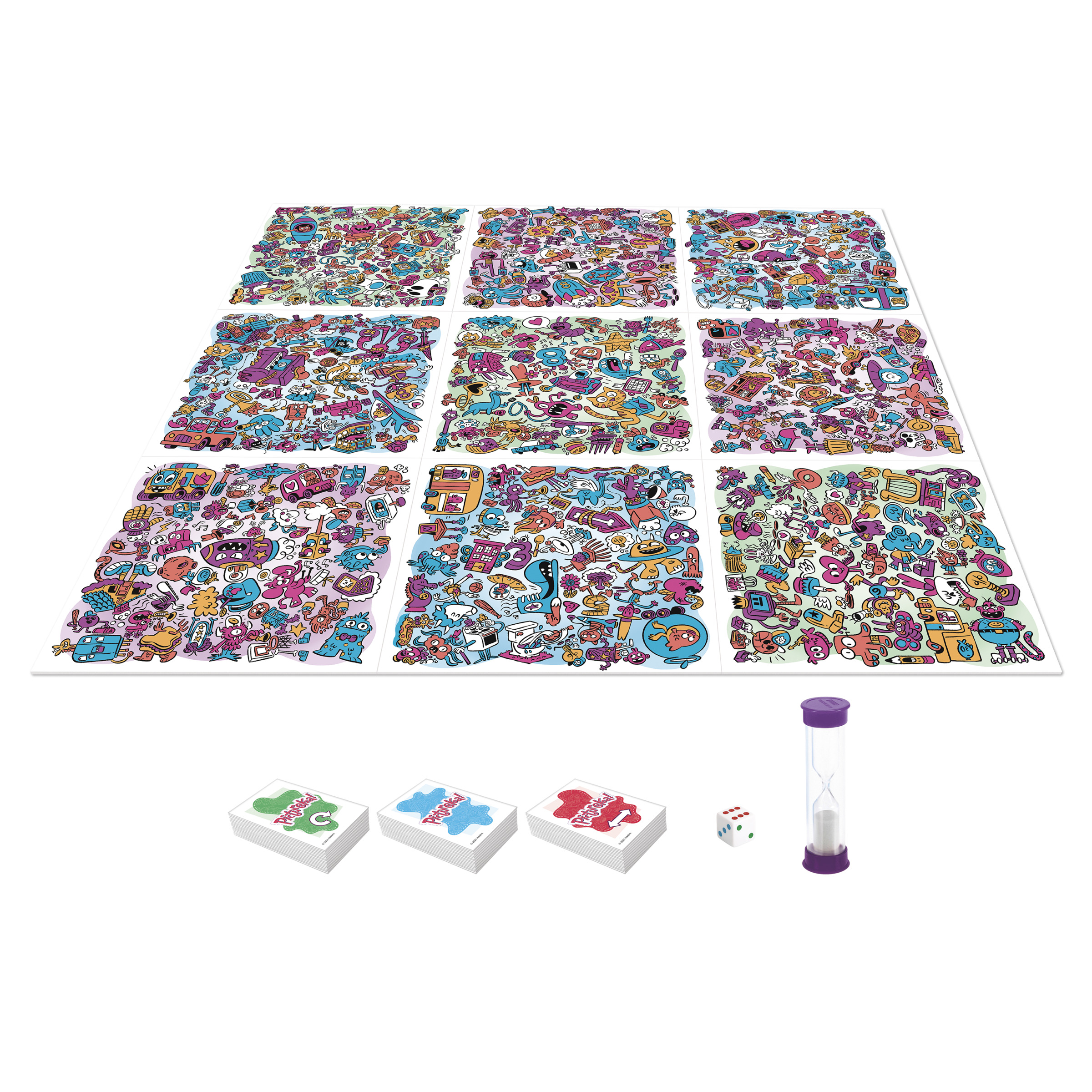 Juego de mesa colorido con cartas, dados y un reloj de arena.