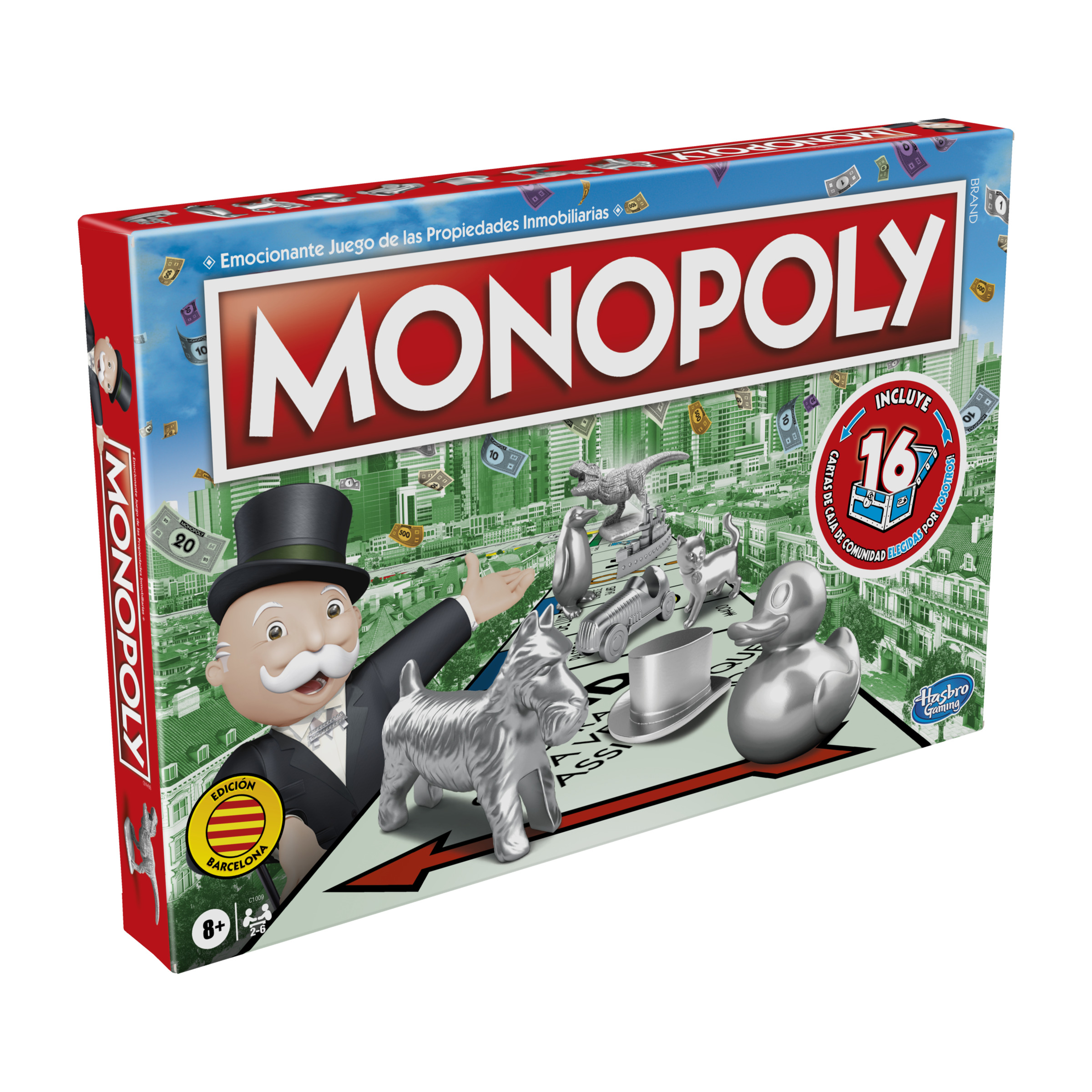 Caja del juego de mesa Monopoly. La caja muestra al hombre de Monopoly con traje. Tiene piezas del juego.